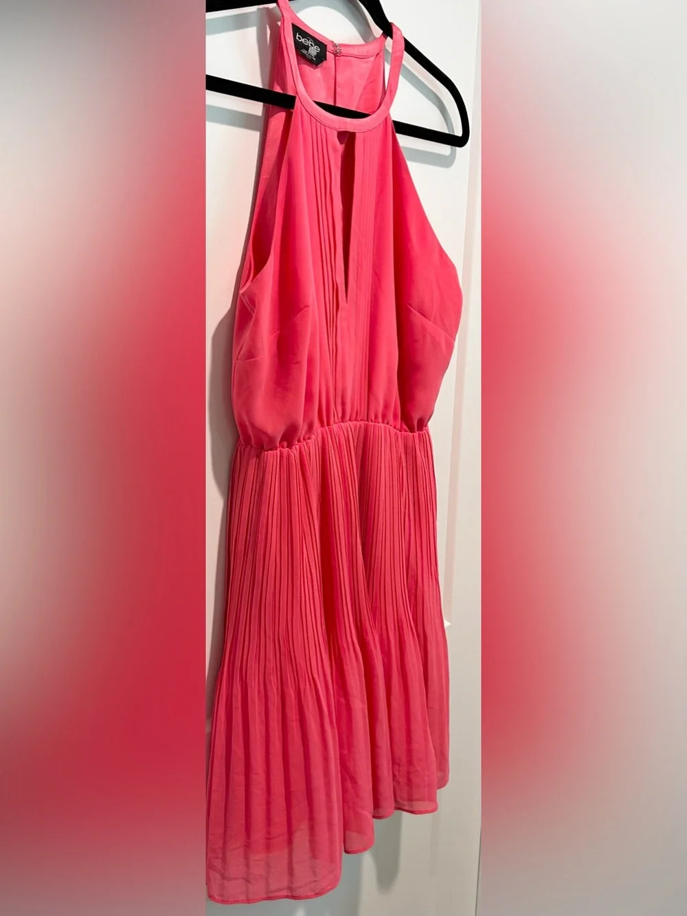 Bebe Coral Pink Pleated Halter Dress XS Fit & Flare Cocktail Party Mini - Picture 6 of 10